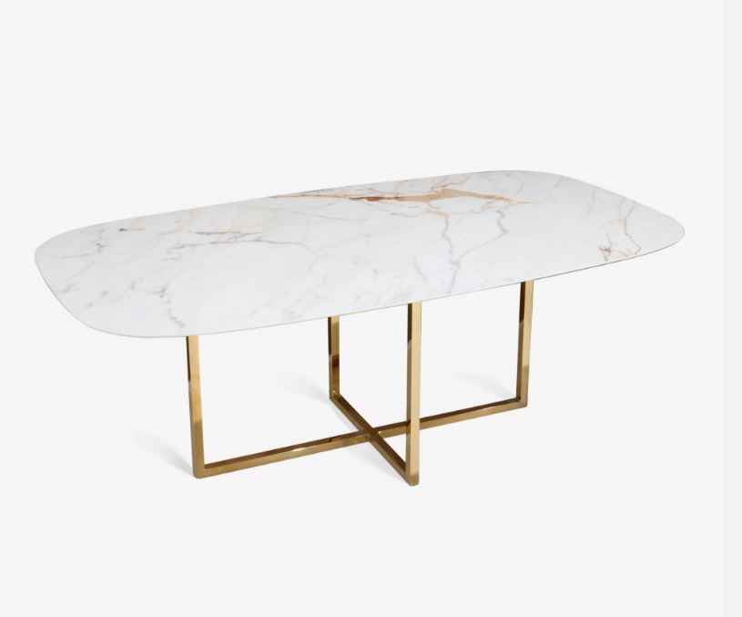 Table pietement CROSS plateau céramique tonneau marbre blanc